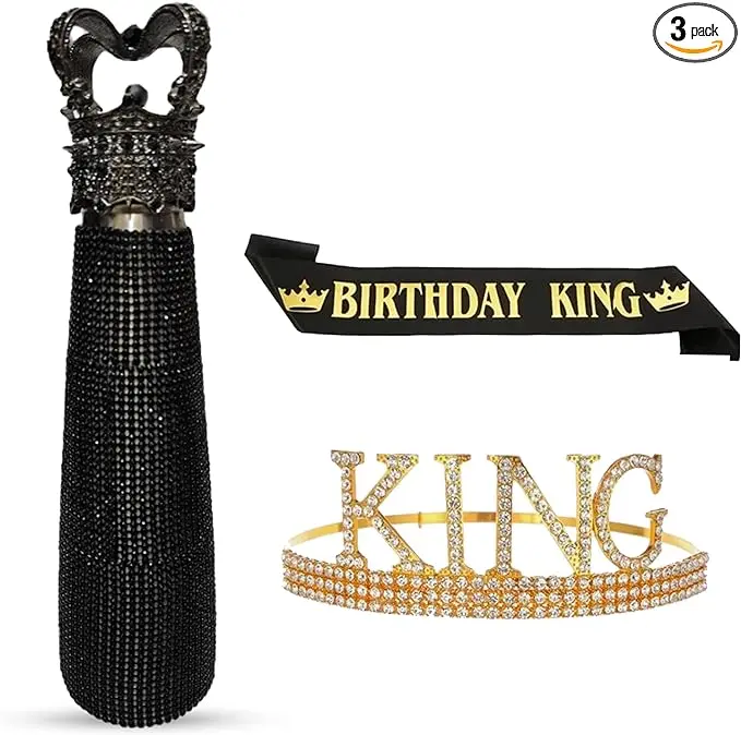 Birthday Sash, king Crown Set with Bling Water Bottle | Birthday King Crowns for Men | Birthday Sash for Men | insulated water bottle | Stainless Steel Bottle, Rhinestone Tumbler | Gift Idea for men
