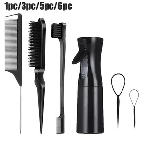 This 6/5/3/1 hair styling kit includes a rat-tail comb, an edge comb, a spray bottle, and some hair tie tools, perfect for creating sleek slicked-back hair, braids, ponytails, wig styles, and everyday hair care.