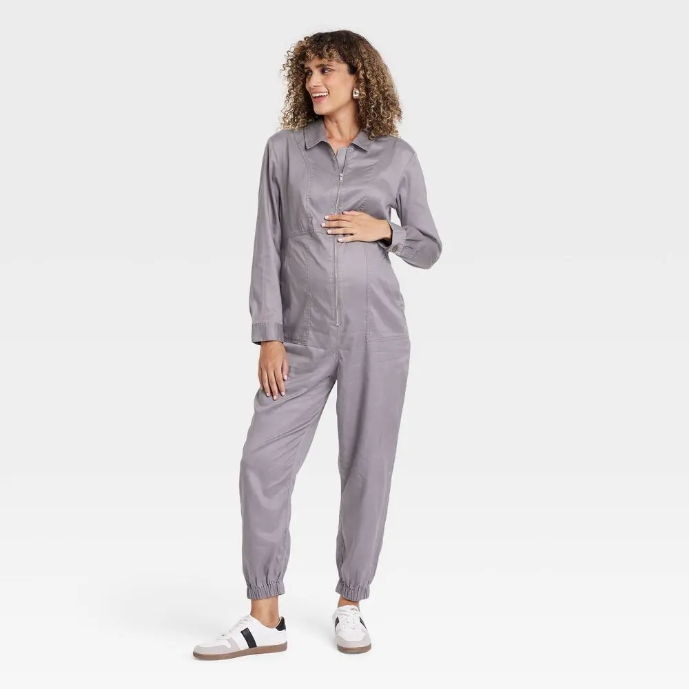Woven Long Sleeve Maternity Jumpsuit - Isabel Maternity by Ingrid & Isabel Matte, M, Pregnancy, Collared Neck, Half Zipper, Lyocell Blend