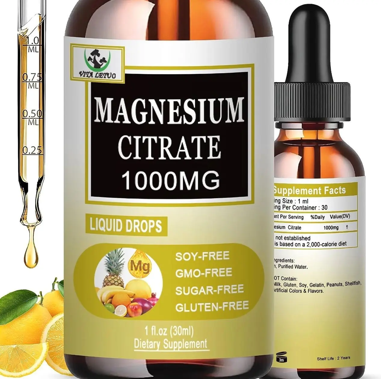 Magnesium Citrate Liquid Drops | High Absorption Liquid Magnesium Supplement for Sleep, Muscle & Heart Support - Magnesium Citrate 1000mg for Adults Women & Men - Vegan | Non-GMO - 30 Servings