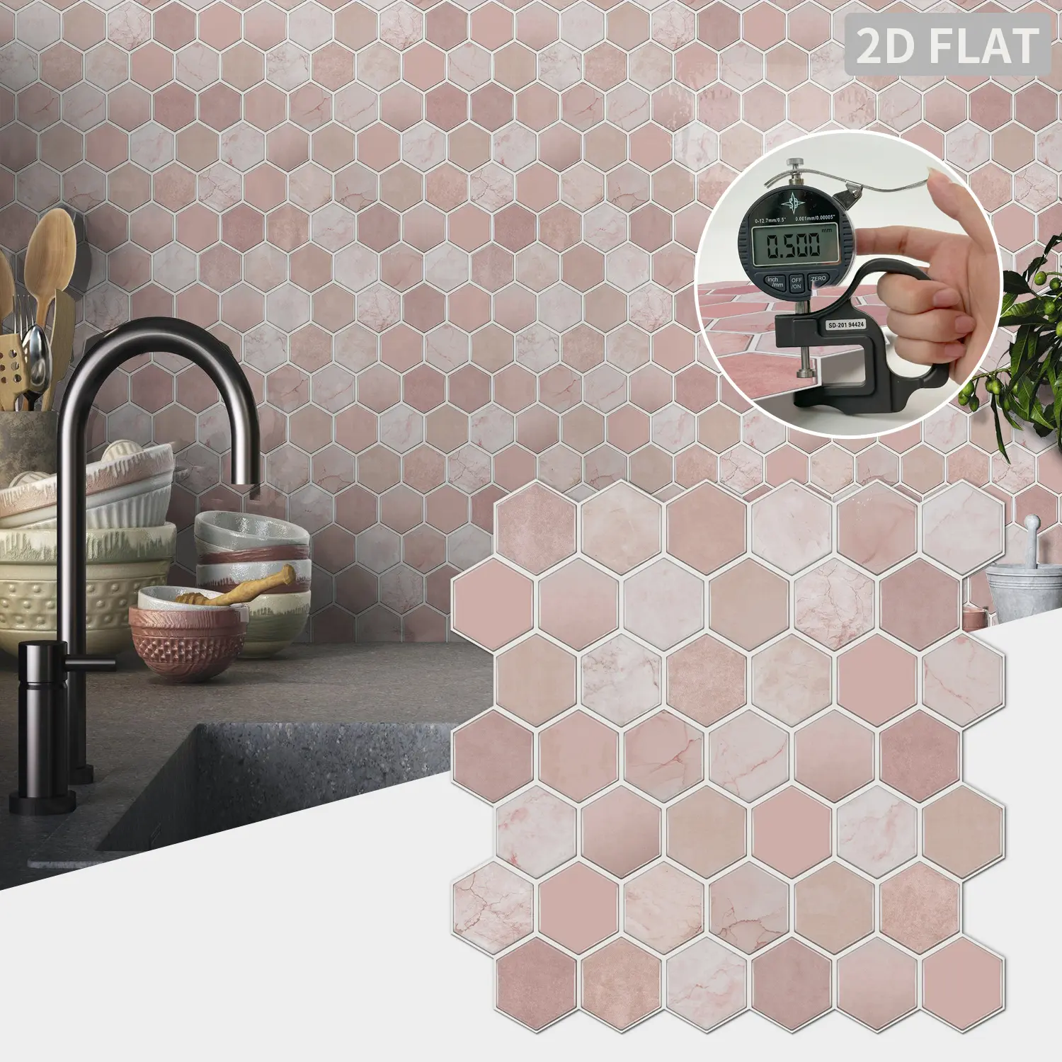 12/20 pieces 3D marble self-adhesive wall sticker, pink honeycomb pattern, easy to peel and paste, mosaic wall sticker, and bathroom wall decoration, easy to install, smooth surface easy to clean
