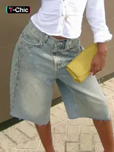 Vintage Washed Studded Wide-Leg Light Wash Denim Jorts, Casual Raw Hem High-Waisted Bermuda Shorts Women, Perfect for Brunch Dates & City Chic