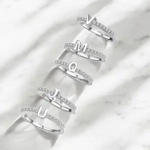 Dainty Letter Ring with Rhinestone Custom Initial CZ Stone Ring for Women Stacking Adjustable Jewelry