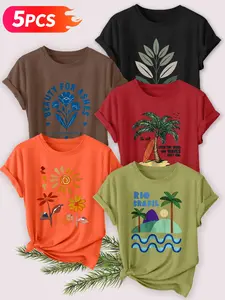 Women's 5-Pack Casual Short Sleeve T-Shirt, Tropical Palm Tree & Floral Slogan Print Set, Multiple Colors, Machine Washable, Spring & Summer Tops, Soft Skin-Friendly Fabric, Daily Wear, Fashion Design