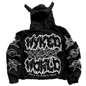 Harajuku Horn Hat Y2K Hoodie Unisex Funny Printed Red Black Oversized Baggy Long Sleeve Christmas Streetwear Pullover