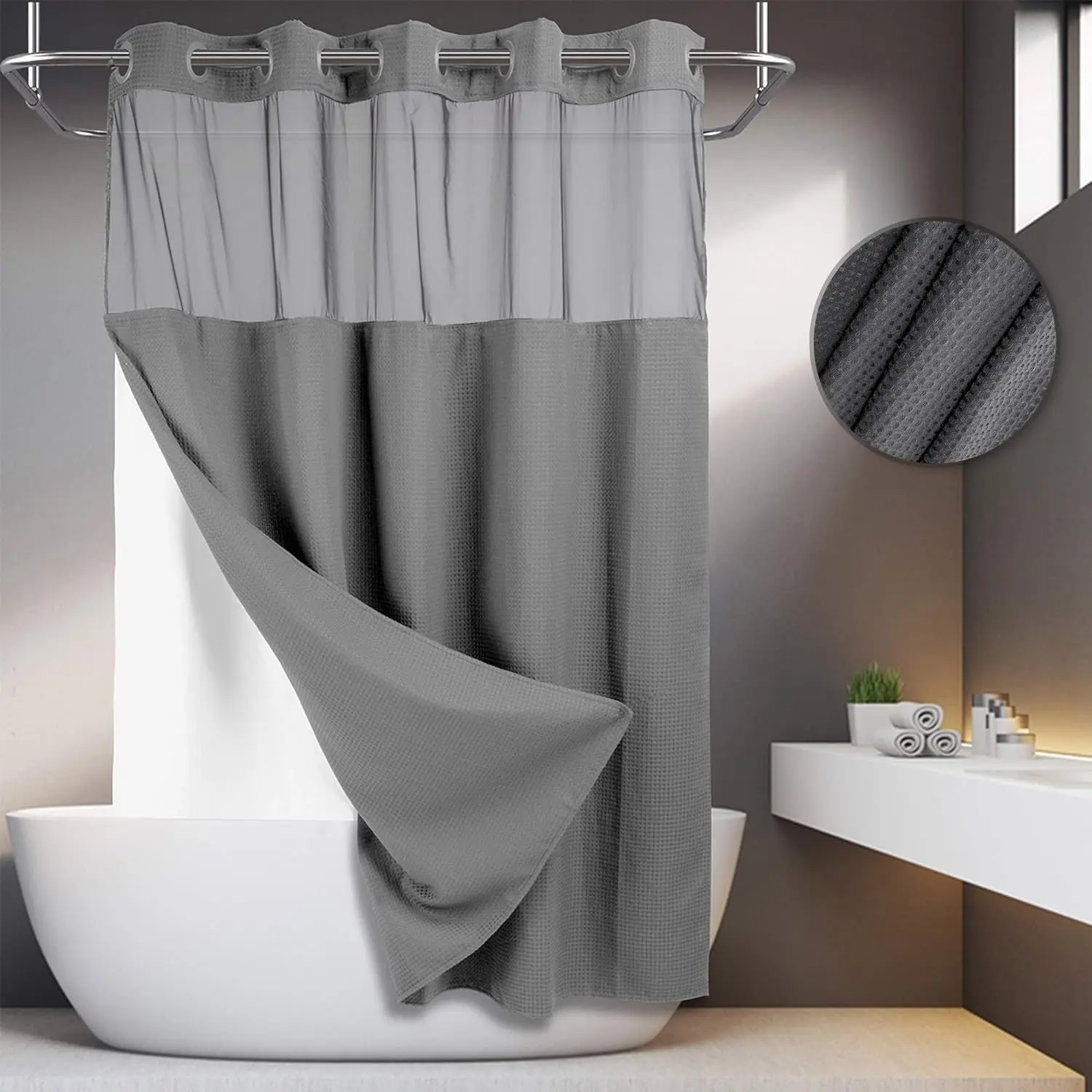 Double-Layer Shower Curtain Set (No Hooks) - Clip-On Waterproof Lining, Top Translucent Mesh, Hotel-Grade Quality, Easy Installation for Bathrooms, Window-Compatible, Light-Friendly, Washable Bathroom Remodel Essential