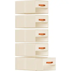 Stackable Pull Out Storage Drawers Bins with Weekly Labels & Clear Window, 5 Pack Beige Closet Clothes Organizer Storage for Closet Bedroom Living Room