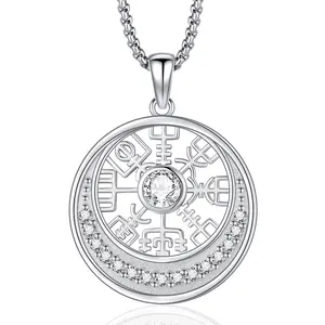 DRINSPER Vegvisir Necklace 925 Sterling Silver Pendant Viking Compass Necklace Viking Jewelry with Cubic Zirconia Decorated and Crescent Moon Design Necklace Gift Neopaganism Jewelry for Pagan for Men Women