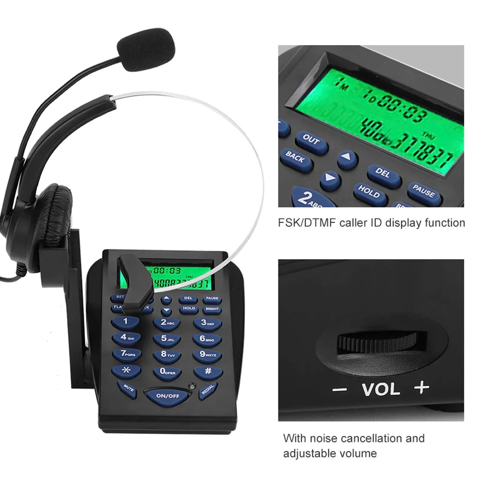 Noise-Cancellation Call Center Headphone, Adjustable Durable Design, Built-In Dial Pad, Multi-Device Compatible, Easy Installation, FSK/DTMF Caller ID Display, Convenient Earphone Stand, Call Control