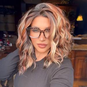 IMstyle Catilda Calico Auburn  Brown and Blonde Highlight with Rooting Ombre Color 13*4 Glueless Lace Front Wig Free Parting  Shoulder Length Natural Wavy Curly Syntehtic Wig Old money Collection