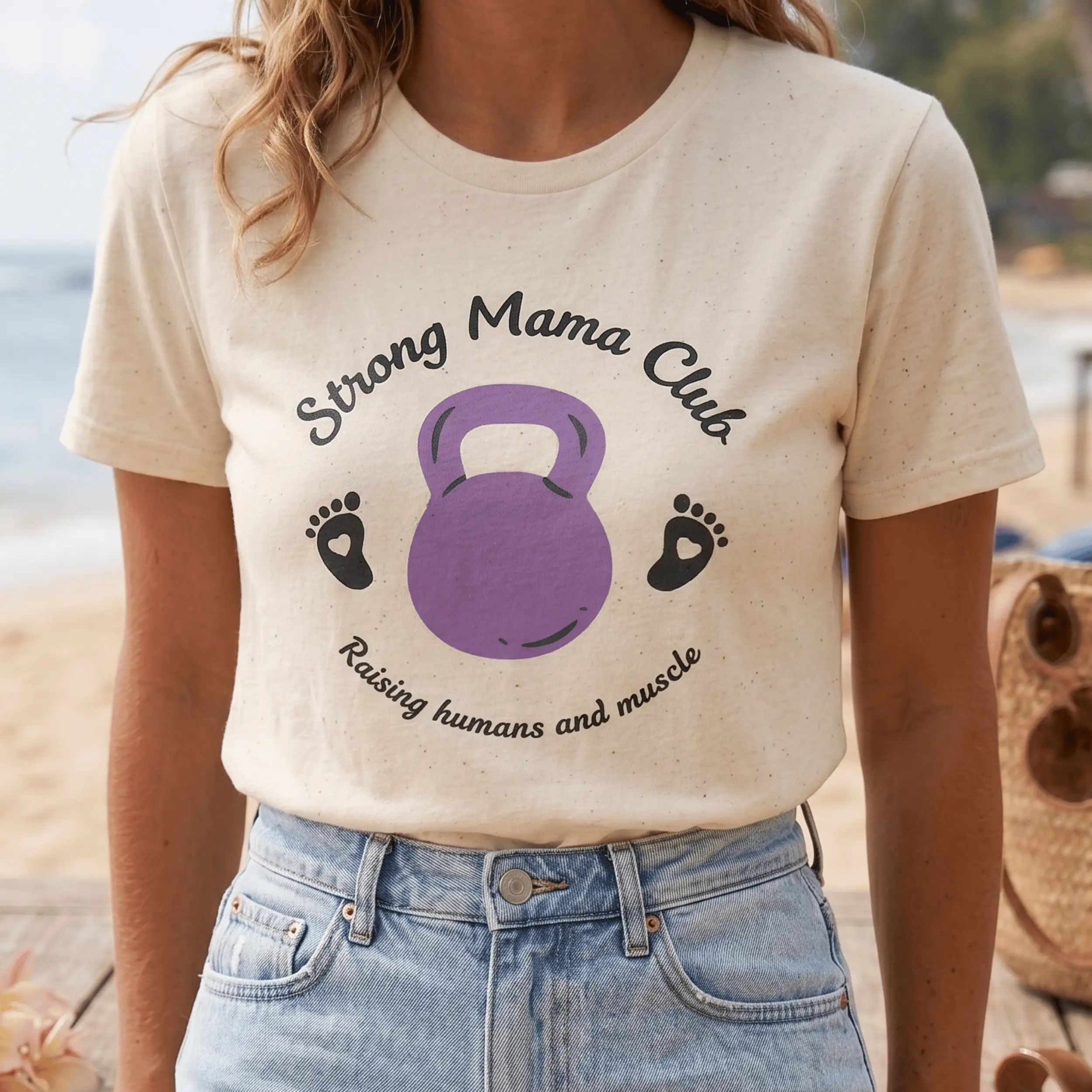 Strong Mama Club Kettlebell T-Shirt | Fitness Mom, Baby Footprints