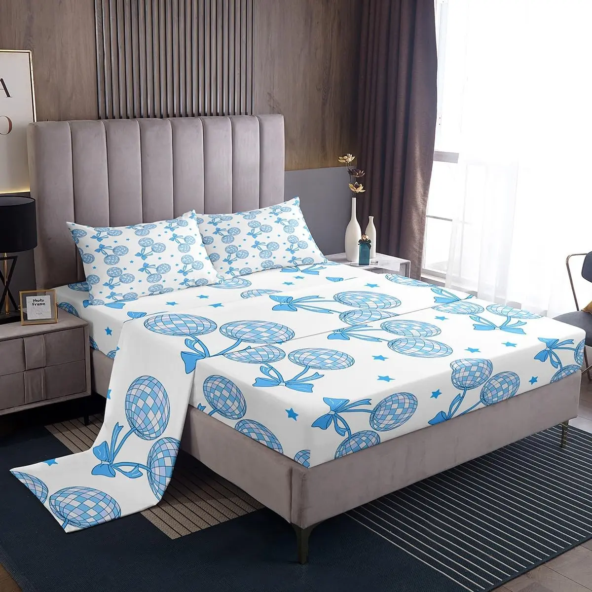 Feelyou Blue Bowknot Disco Mirror Ball Bedding Set - Soft Microfiber Fitted Sheets, Girlish Dreamy Princess Room Decor, Breathable Bed Linens