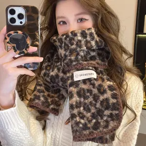 Women's Thick Cotton Leopard Print Double-Sided Shawl Scarf - Cozy, Windproof, Lock Edge Korean Look Practical Accessory, 180cm x 30cm Winter Daily Essential