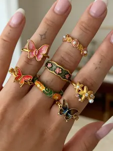 7-Piece Fashion Retro Enamel Oil-Drip Butterfly & Floral Ring Set, Pearl Accented, Stackable Style, Dainty Stacking Rings, Light Luxury Women's Outfit Rings, Suitable for Daily Wear, Ideal for BFF/ Couple Gifts