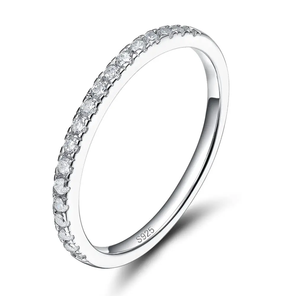EAMTI 2mm 925 Sterling Silver Wedding Band Cubic Zirconia Half Eternity Stackable Engagement Ring