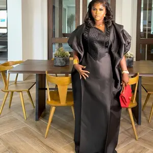 Mikado embellished with embroidery design women dress,elegant sophisticated fashionable design to standout on an occasion,puff sleeves with electric band comes with inner cinching belt and a headwrap