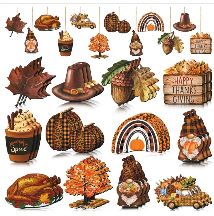 36 Pcs Fall Thanksgiving Tree Ornaments Pumpkin Maple Leaf Turkey Acorn Gnome Truck Wood Cutouts Thanksgiving Tree Decorations for Autumn Harvest Home Indoor Outdoor Set Wooden