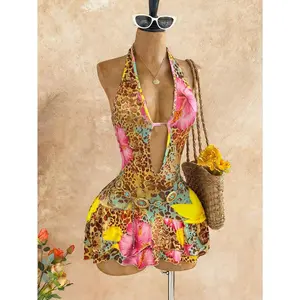 Multicolor Random Print Halter Neck Mini Dress For Women Boho Style Sleeveless Knitted Fabric A Line With Ruffle Hem