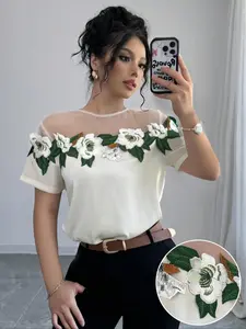 Women's Floral Embroidery Blouse, Elegant Fashion Casual Crew Neck Short Sleeve Top for Daily Outdoor Wear, Women Clothing for Summer, Womenswear