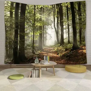 DZGlobal Forest Pathway in the Misty Mountain Tapestry Wall Hanging Art Nature Landscape Tapestries 80W X 60L Inch Home Decor for Living Room Bedroom Kitchen Dorm Green Decorative Light