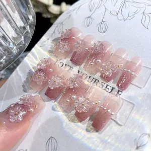 24pcs Flower Pearl Shaped Pure Handmade Nails, 3D Flower Pearl Fake Nails, Handmade Nail Art, Smooth Surface, Easy to Stick, Handmade Decoration