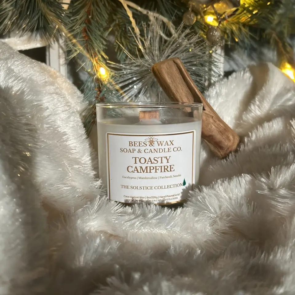 8oz Transparent Glass Artisan Scented Candle - All Natural Coconut Wax Decorative Household Candle, Wooden Wick, Toasty Campfire Woody Fragrance with Eucalyptus, Marshmallow, Smoke Aromas, 35+ Hr Burn Time, Cozy Home Decor, Decorative Candles