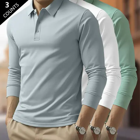 Men's 3-Pack Fitted Classic Plain Long-Sleeve Polo Shirts - Button-Closure, Lightweight Breathable Menswear for Spring & Autumn Business Casual Wear