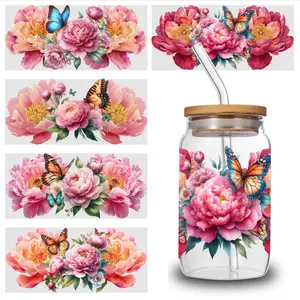5 Sheets Peony Butterfly UV DTF Stickers UV DTF Transfer Suitable for Mugs, Glass Jars, Coffee Cups - Sparkling Wraps, Application, for DIY Crafts, Parties, Weddings, Birthdays (No Substrate Limitations)