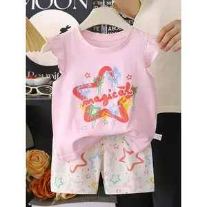 Girls' Summer Cool Vest + Shorts 2-Piece Set!Star print pattern, comfortable and skin-friendly, cute outfit set for baby girls