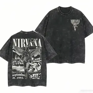 Retro Limited Nirvana Band Tour Black 2-Sided Vintage Tee Graphic Unisex Oversize Rock Band Washed Heavyweight Cotton T-shirt Gift For Rock Music Lovers Vintage Band Shirts Casual Fabric Fit Top Womenswear Streetwear RCR