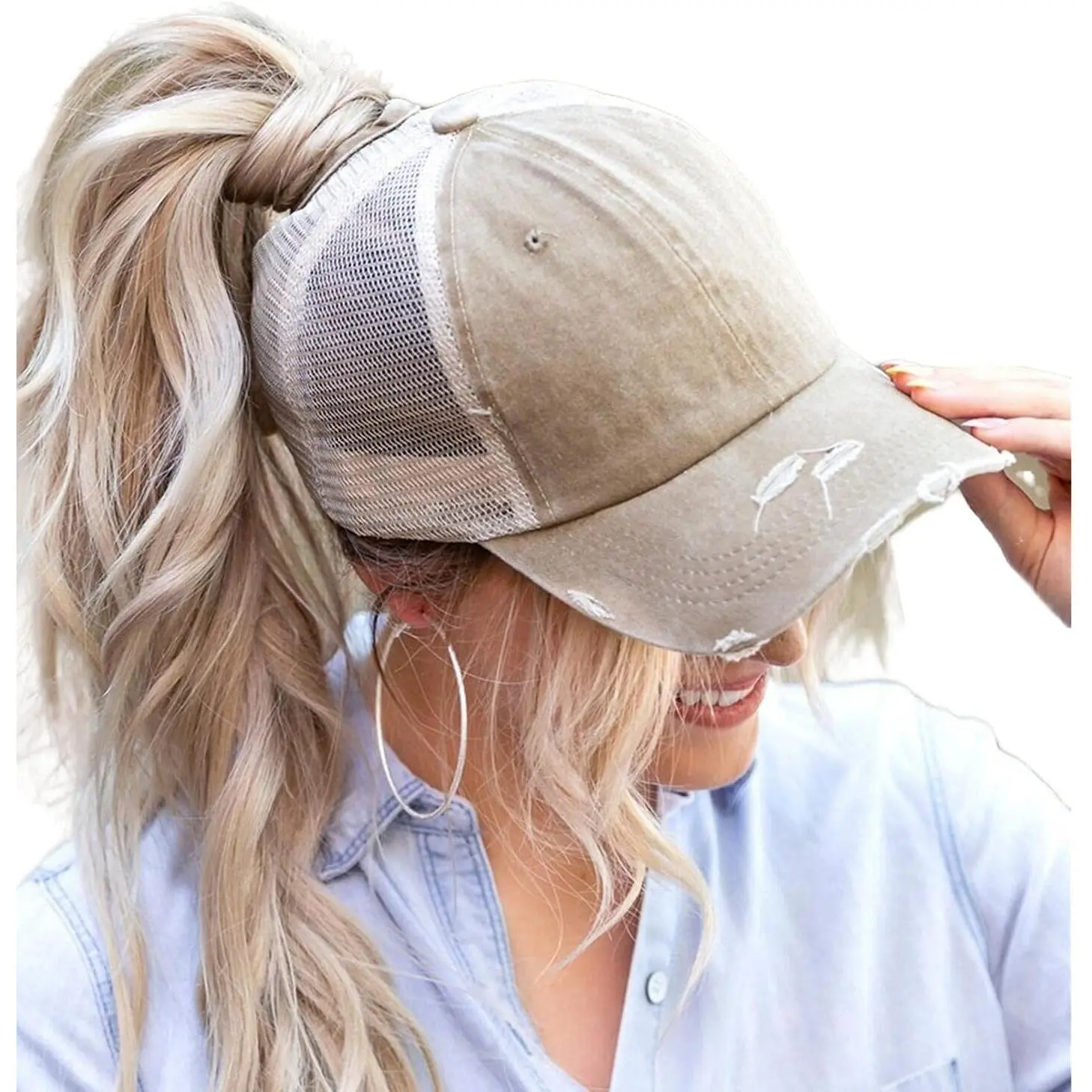 〽️Women Criss Camo High Ponytail Baseball Cap Trucker Bad Hair Day Adjustable womens pony hat high ponytail baseball cap girls messy bun  main image 2