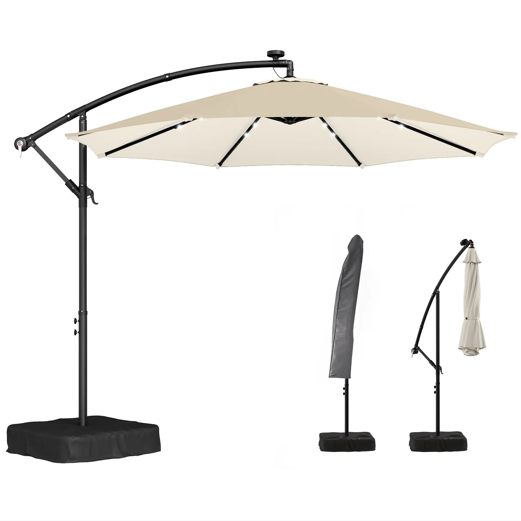 Outsunny 10 ft Cantilever Patio Umbrella with Solar LED Light, Sandbag Weight, Offset Hanging Outdoor Market Umbrella with Protective Cover, Crank and Tilt