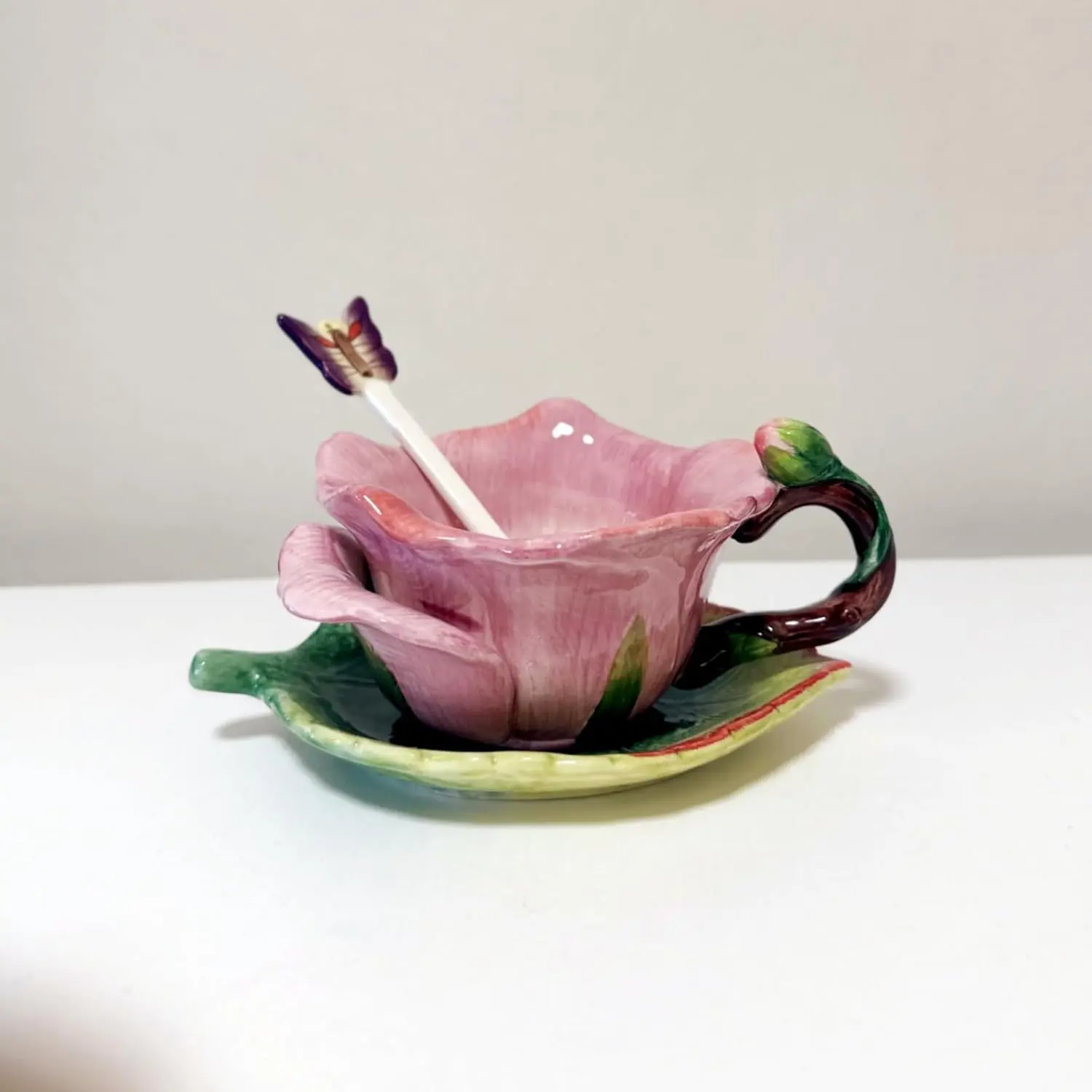 Women's 6oz Dolomite Ceramics Decor + Drink Set - Lead/CD Removed 3D Handcrafted Dark Pink Rose, Lotus Leaf Saucer, Butterfly Spoon, Floral Tea/Coffee Cup for Kitchen Party, Home Decor Gift