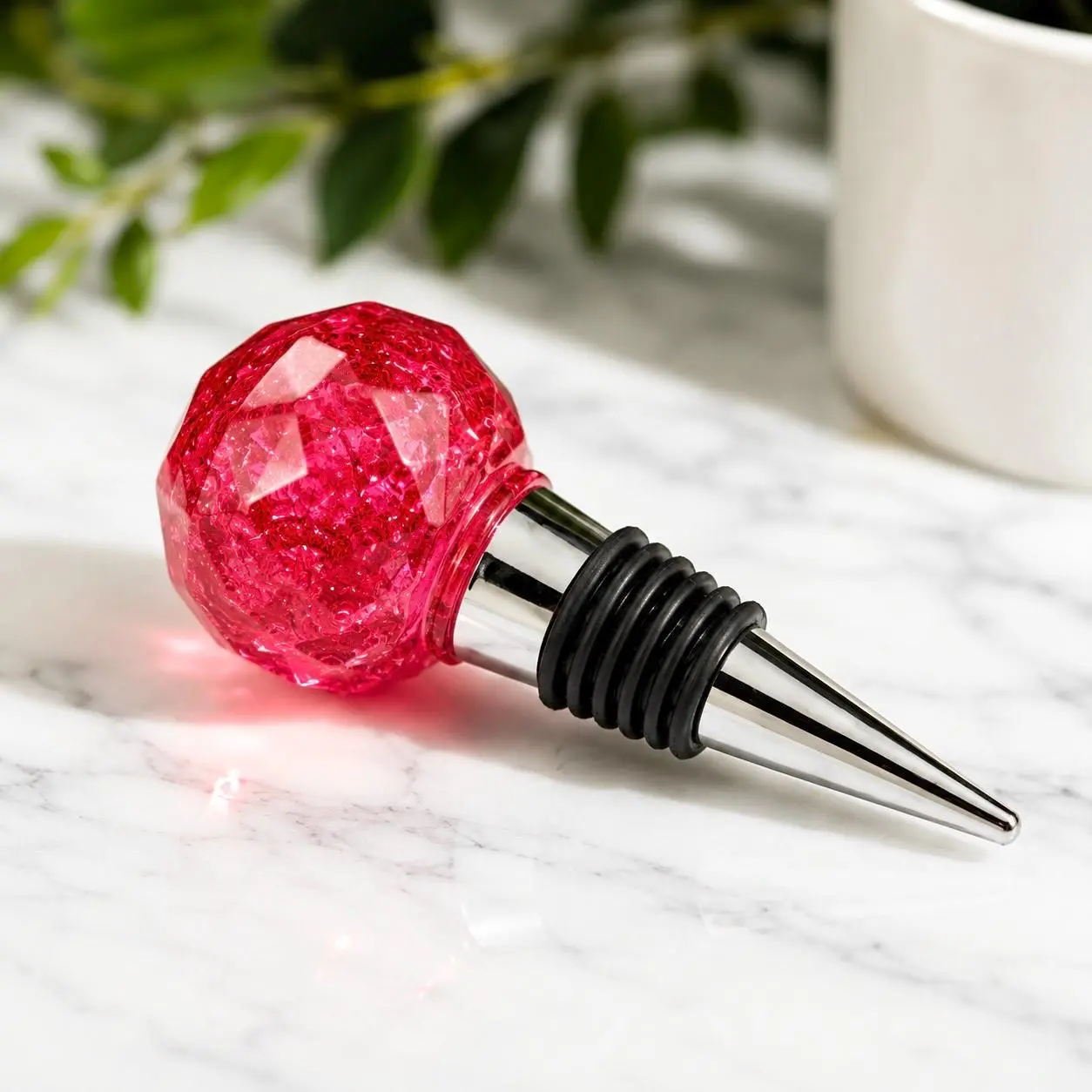 Handmade Ruby Red Resin Wine Stopper - Silver Leaf Detail - Stainless Steel Base - Gift Box Included