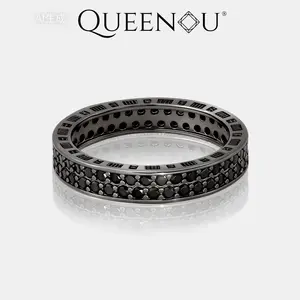 【1012】Midnight Staggered Stars Ring | Double Row Black Zirconia in Crisscross Pavé | Sterling Silver Band | Dark Romance Aesthetic