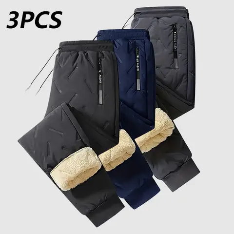 Men's Autumn Winter Casual Elastic Waist Thermal Fleece-Lined Jogger Pants - Drawstring, Wide-Leg, Casual Comfy Joggers, 3pcs Set, Warm-Up Ready for Gym, Daily Activities