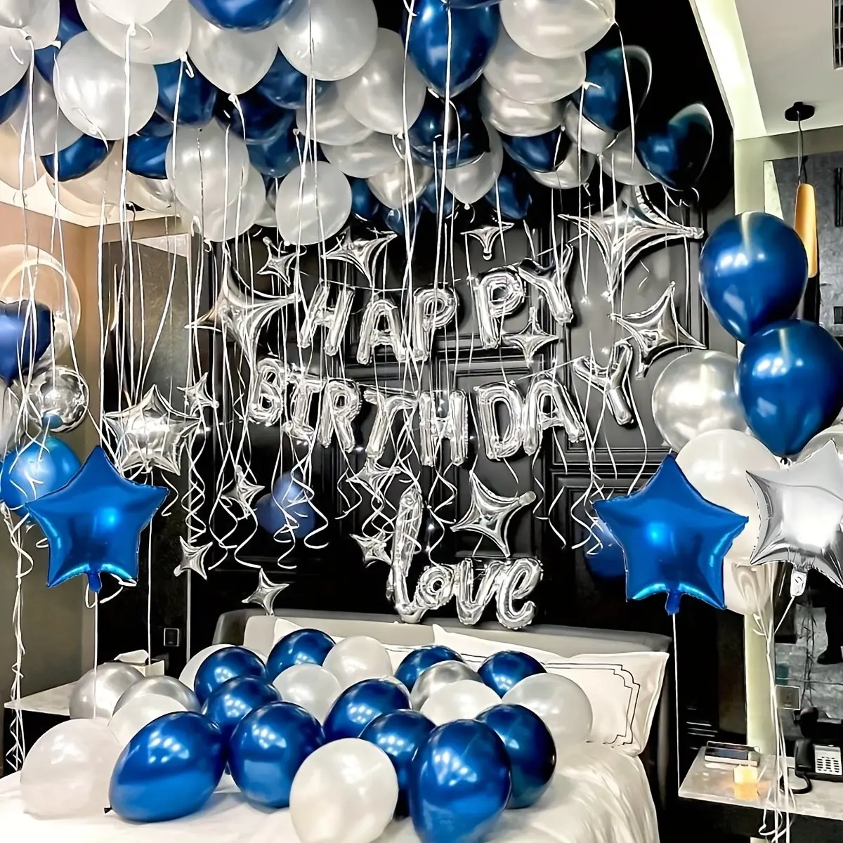 54pcs Blue Birthday Celebration Decoration Kit, Balloon Set, Featuring a Silvery 'Happy Birthday' Balloon Banner, Blue Metallic Latex Balloons, Star-Shaped Foil Balloons, Adhesive Points, And White Ribbons, Party, Birthday Decorations