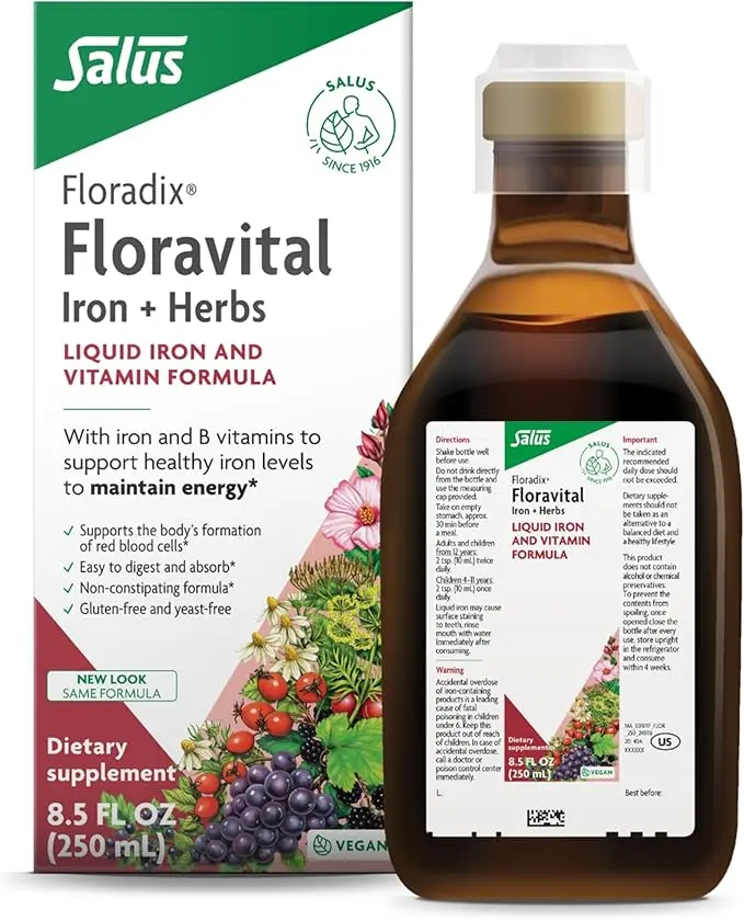 Floradix Floravital Liquid Iron & Vitamin Formula - Liquid Iron Supplement with Ferrous Gluconate, C & B Vitamins & Herbs for Energy Support - Vegan, Gluten-Free, Yeast-Free & Non-GMO - 8.5 Fl Oz