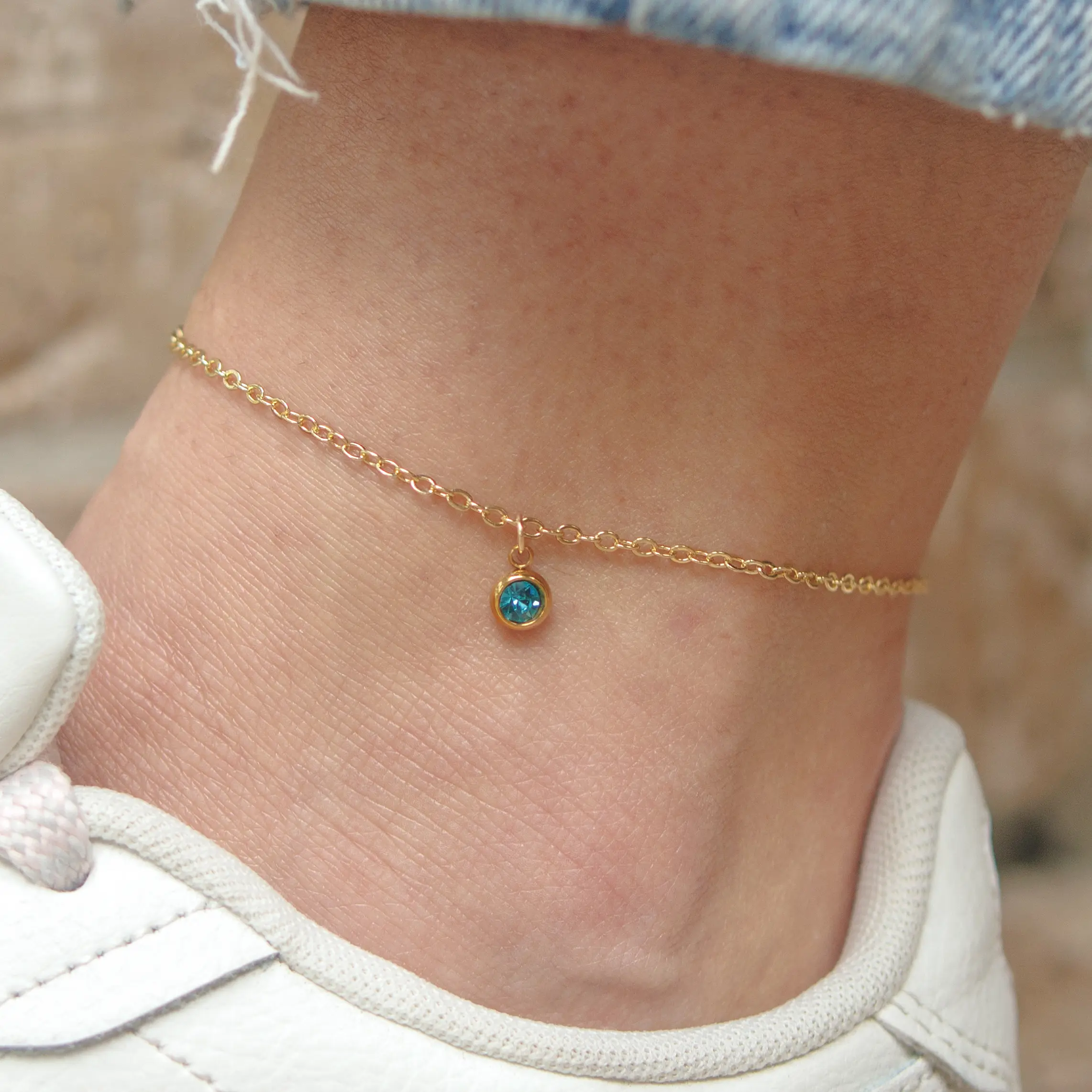 Gold Birthstone Anklet - Dainty Personalized Tiny Charm Jewelry Something Blue for Bride Birthday Gift for Her Custom Anklet with Birthstone Unisex