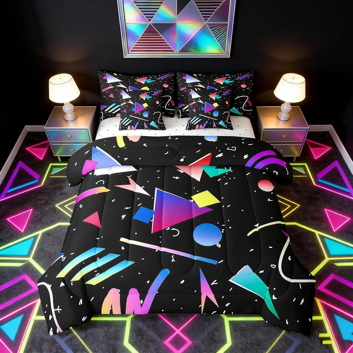 7 Pieces Memphis Comforter Set,Colorful Geometric Abstract Bedding Set for Kids Boys Girls,Retro 80s 90s Fashion Style Bed in a Bag with Comforter,Fitted Sheet,Top Sheet and Pillowcases