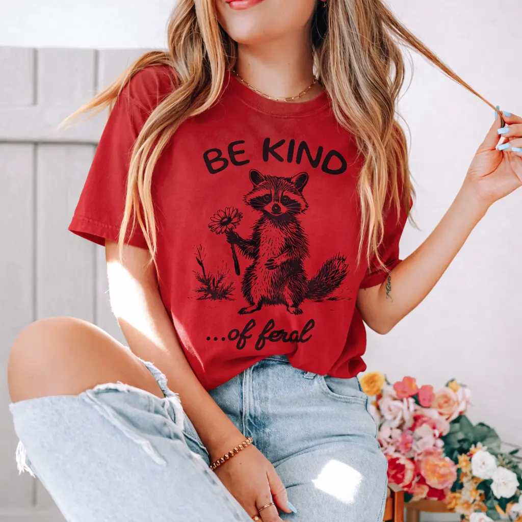 Be Kind Of Feral Shirt | Comfort Colors Ivory Tee | Funny Raccoon Graphic Shirt | Aesthetic Relatable Sarcastic Women's Top