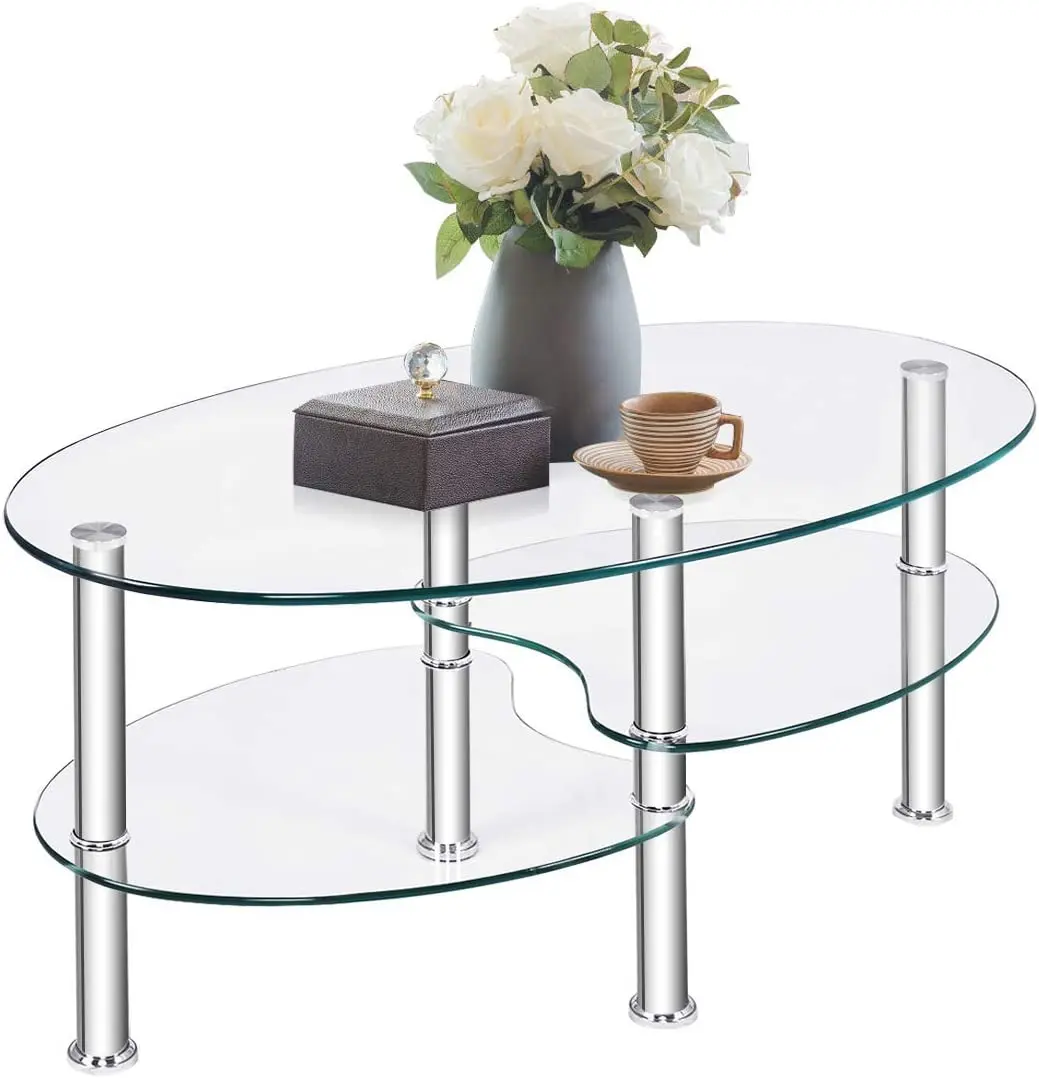 Modern Tempered Glass Oval Coffee Table - 3-Tier, Stainless Steel Legs, 35.4" W x 19.7" D x 17.7" H Contemporary Elevated Curved Elliptic Living Room Sofa Side Tea Table, Elliptic Coffee Tables