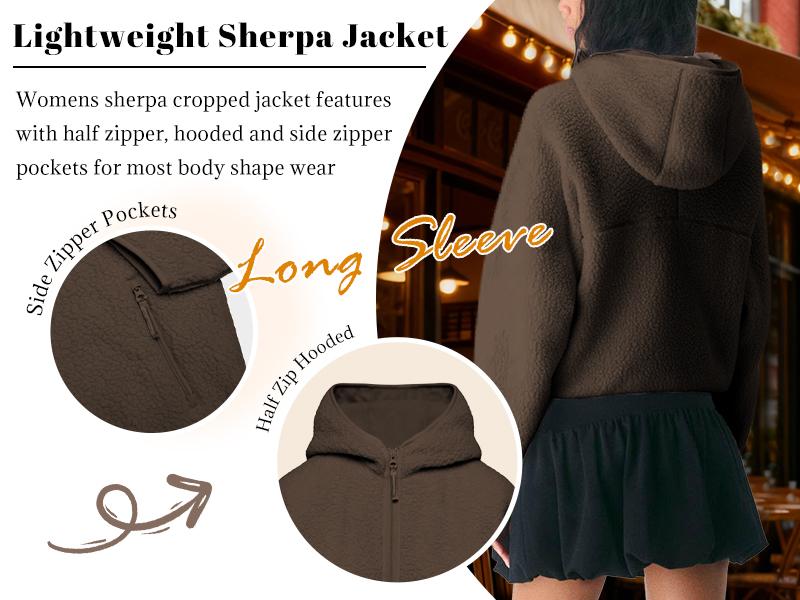 Women's Hoodie Half Zip Sherpa Fleece Pullover Lightweight Cropped Jacket with Zipper Pockets for Sports Hiking Biking Spring Fall Winter