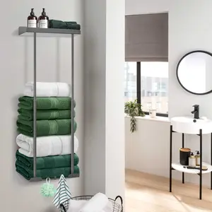 Wall-Mounted Towel Rack & Holder - Rust-Resistant Bathroom Organizer with No Drill Installation, Space-Saving Design for Kitchen, Laundry Room, Retractable Height Metal Towel Rack with Reliable Hooks for Organizing And Storing Towels