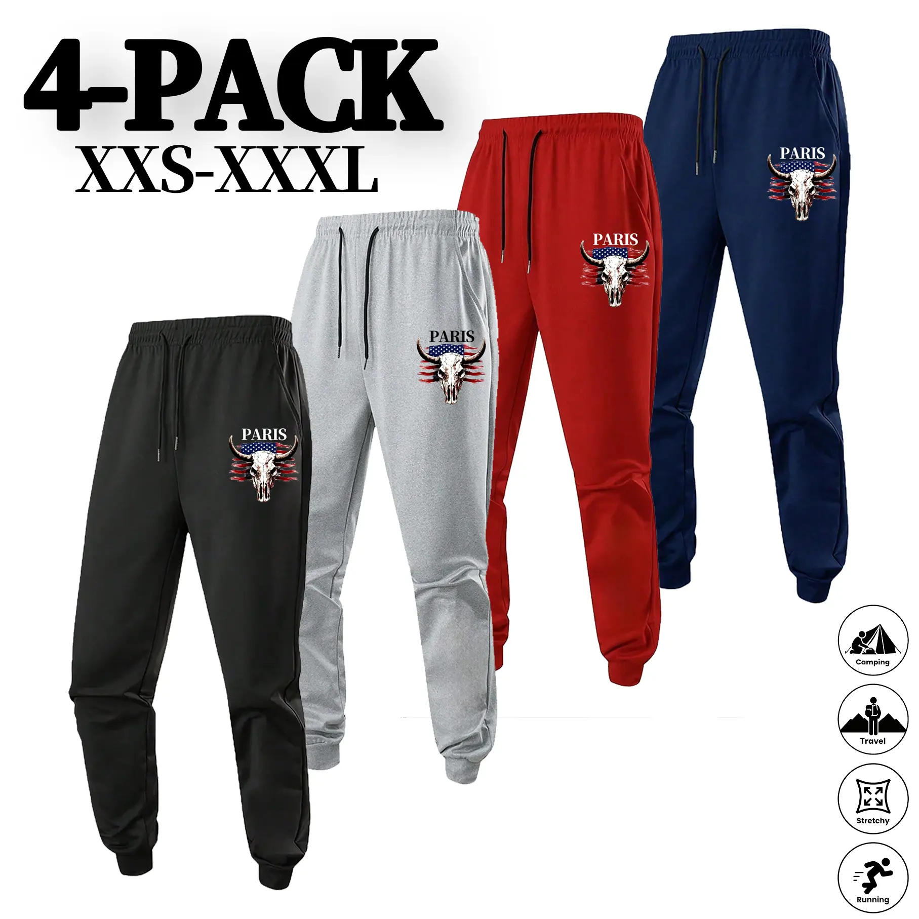 Four Pack Paris American Flag Longhorn Skull Print Elastic Waist Drawstring Jogger Pants Multi Color Soft Stretchy Casual Sweatpants For Camping Travel Running Daily Wear