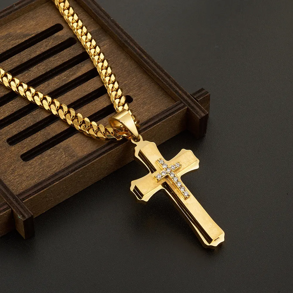 Men's Three-layer Cross Pendant with Zircon and 6mm Byzantine Chain, The Best Gift for Men Men's Three-layer Cross Pendant with Zircon and 6mm Byzantine Chain, The Best Gift for Men