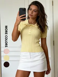 Summer Women's New Knitted Peter Pan Collar Top, Casual Vacation Style Ribbed Button Design, Vintage Elegant Solid Color Top, Commute Versatile Fitting Knitwear