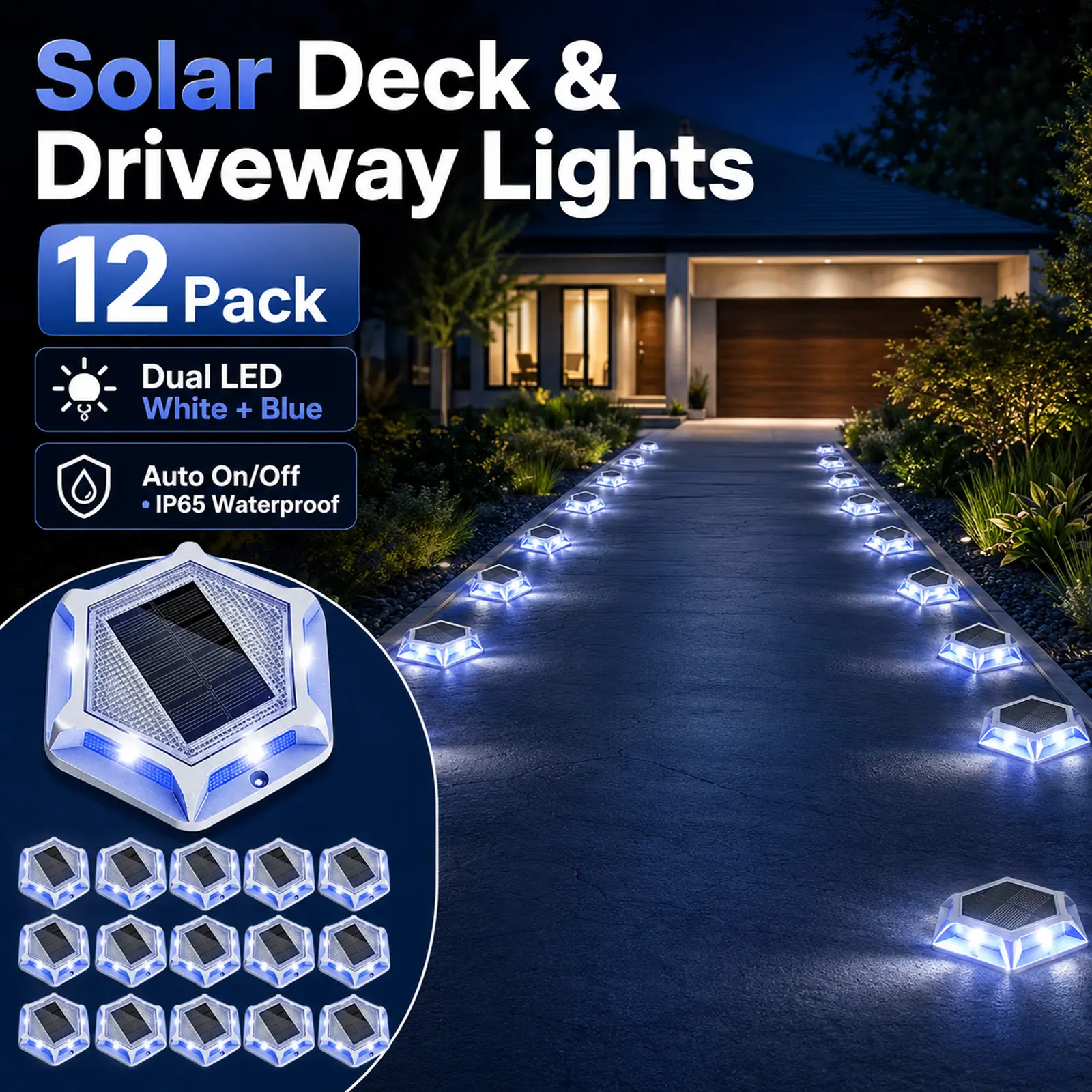 Solar Deck & Driveway Lights 4/6/8/12 Pack – Waterproof Dual LED Ground Lights for Outdoor Pathway & Landscape Lighting