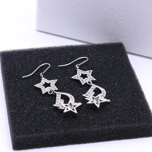 Pre-owned Christian Dior Logo Star Rhinestone Silver Tone Earrings twins W21436
