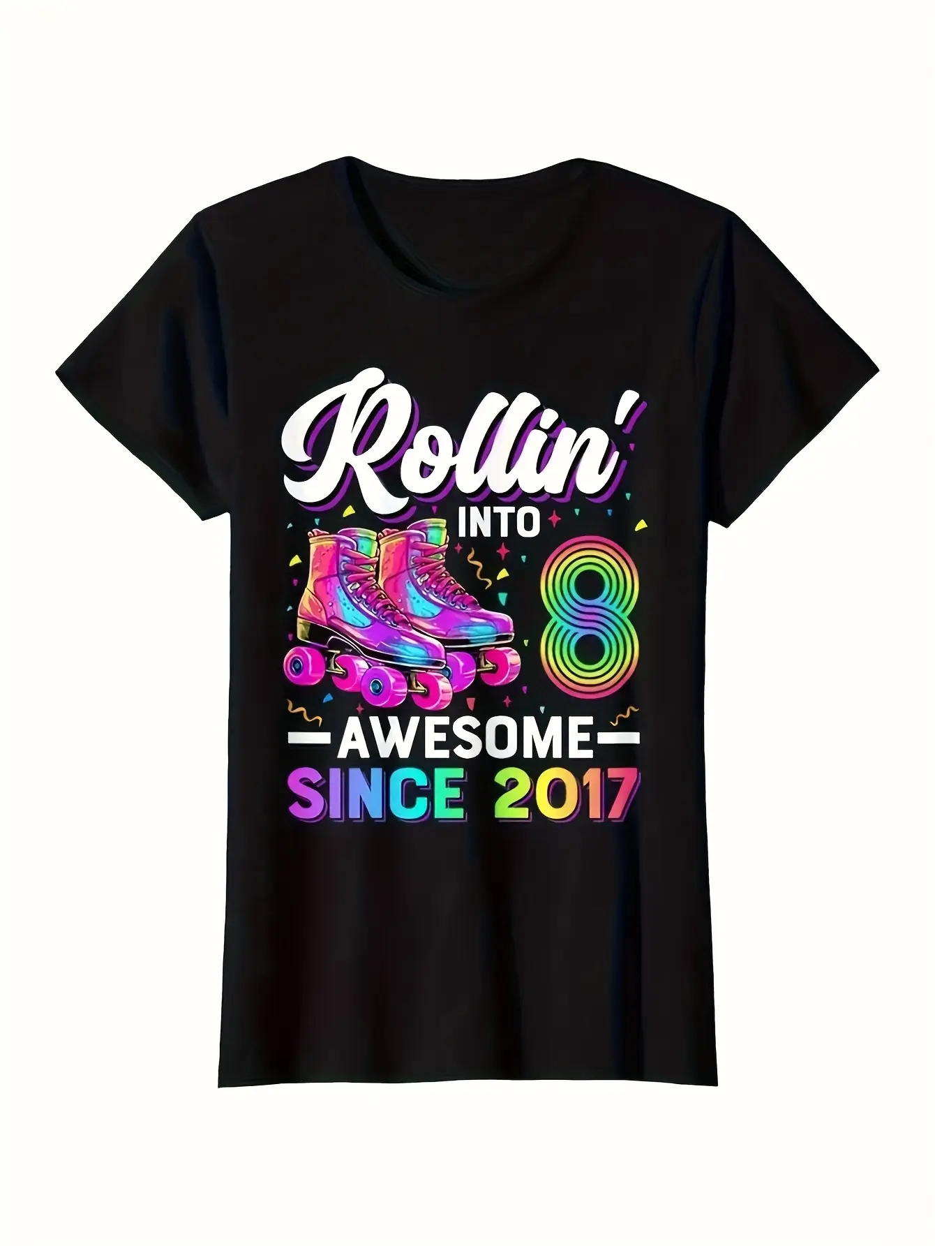 Girls & Boys 8th Birthday Roller Skate T-Shirt - Neon Roller Skates & Number 8 Design with "Rollin' Into Awesome" Slogan - Soft Short Sleeve Party Outfit for 8 Year Old Boys & Girls (Best Gift Idea)